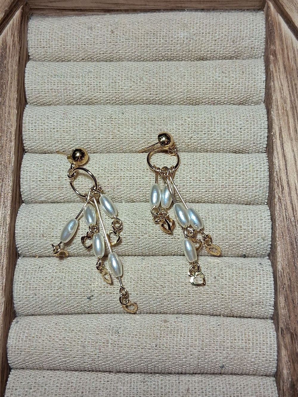 Gold and Pearl Drop Earrings with Heart Accents